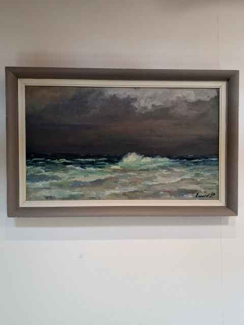 Maleri: Gråvejr over havet